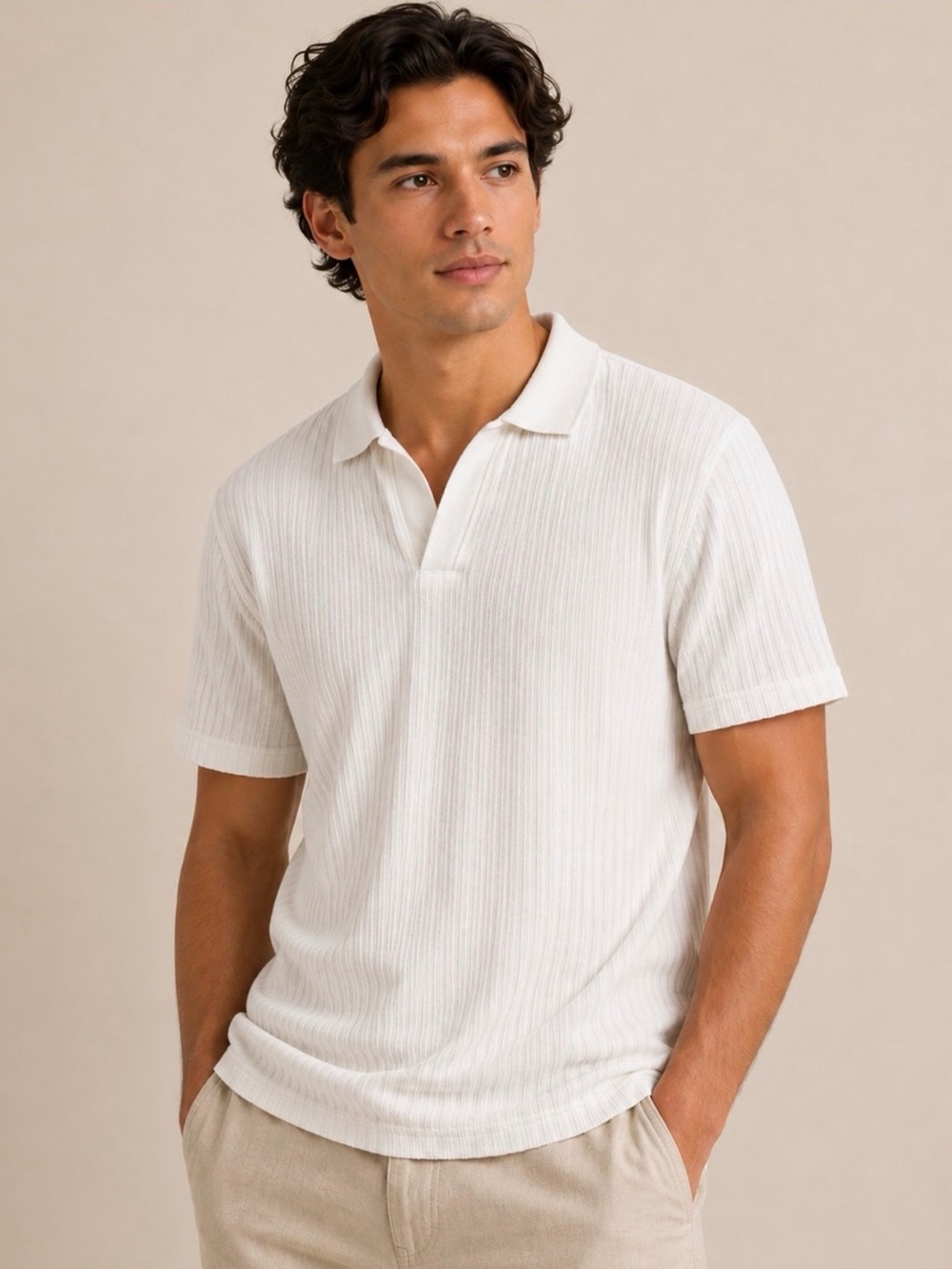 White Short-Sleeve Ribbed Johnny Collared Polo Shirt from Goodfellow & Co- Large